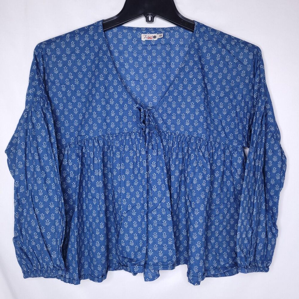 Faherty Top Womens Medium Blue Floral Lyla Cropped Organic Cotton